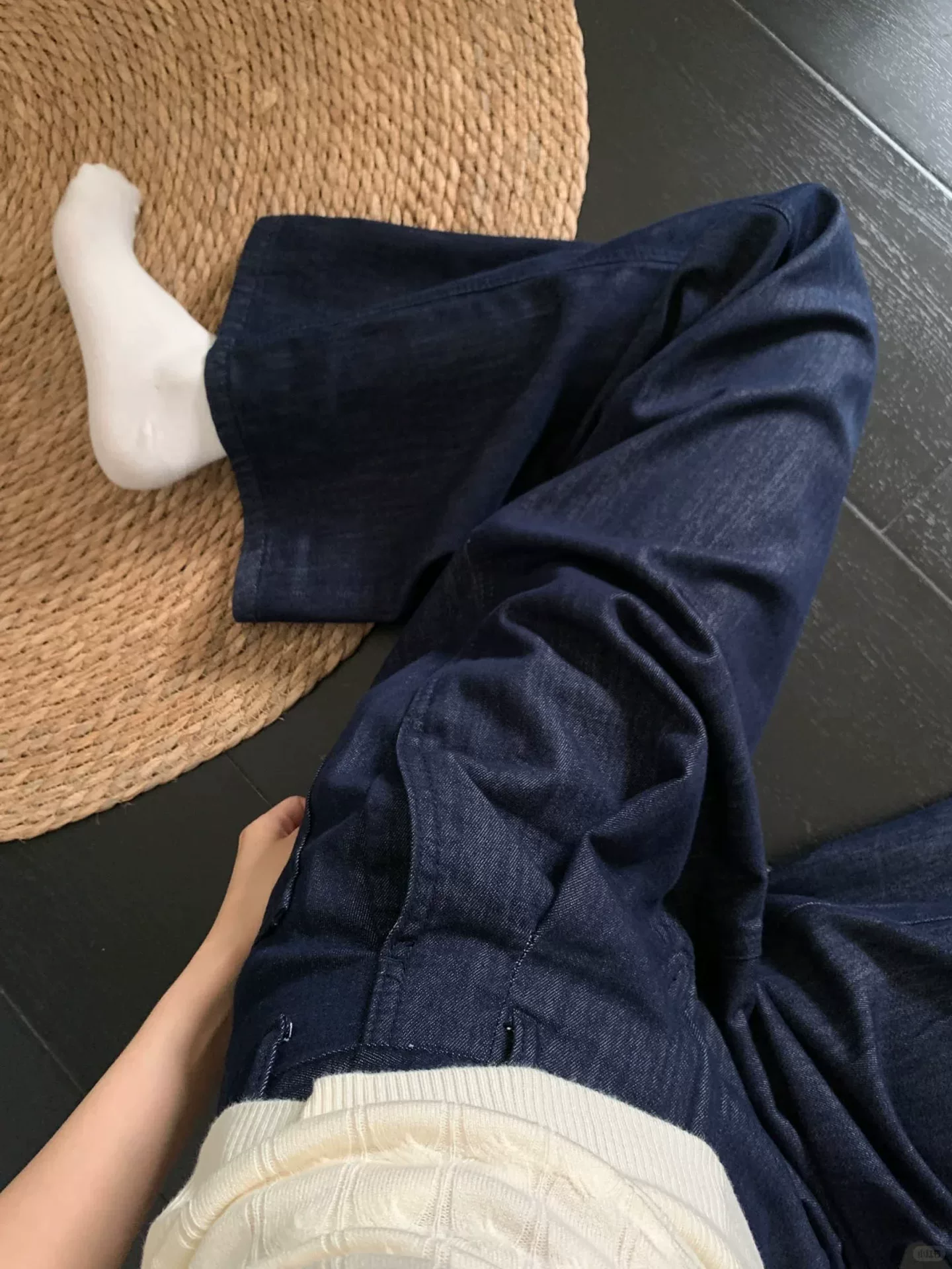 Quần jean ống rộng màu xanh denim dành cho nữ, kiểu dáng mỏng mùa hè, cỡ lớn, lưng cao, che hông, giảm béo, quần ống thẳng Tencel.