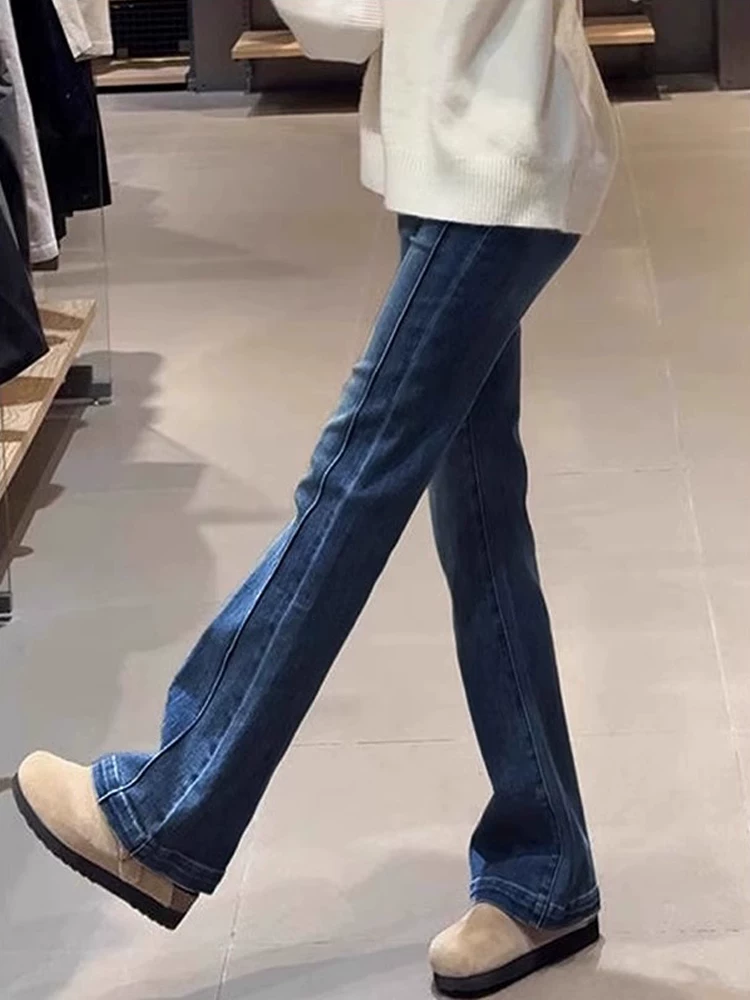 Quần jeans ống đứng dáng rộng cổ điển dành cho nữ mùa thu đông 2025, lót lông cừu, size lớn, cạp cao, co giãn, tôn dáng, kiểu dáng quần ngựa
