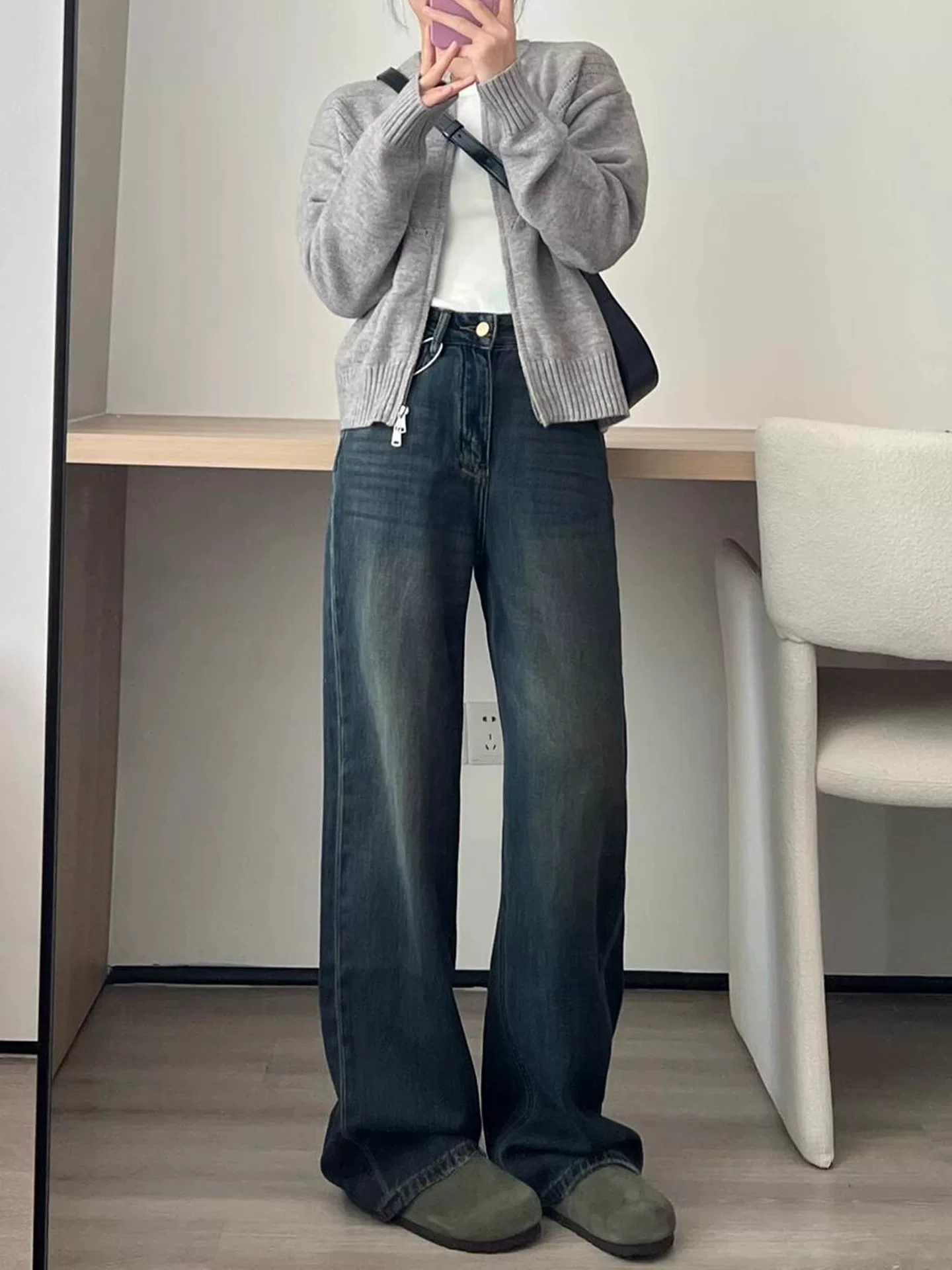 Quần jean ống đứng màu xanh cổ điển dành cho nữ, cỡ lớn, mùa thu đông, lót lông cừu, lưng cao, dáng rộng, giảm béo, dáng quả lê, quần ống rộng