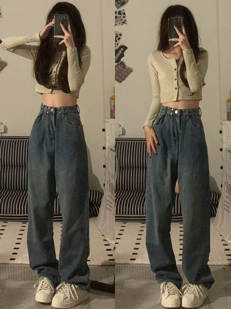 Quần jean ống thẳng dáng quả lê dành cho nữ, phong cách đầu thu, cỡ lớn, lưng cao, dáng rộng, che hông, giảm béo, ống rộng, quần dài chạm sàn