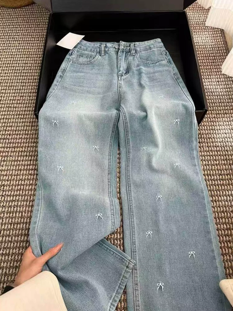 Quần jean Tencel màu xanh nhạt dành cho nữ, kiểu dáng mỏng mùa hè, cỡ lớn, lưng cao, giảm béo, dáng quả lê, quần ống rộng bằng lụa băng