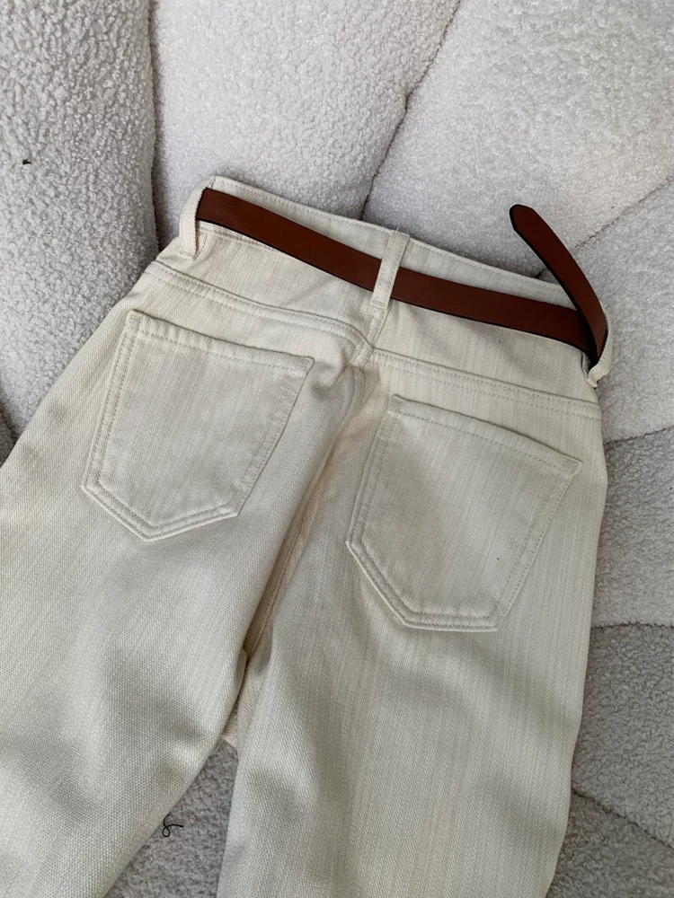 Quần jean ống rộng màu mơ nhạt dành cho nữ, mùa thu đông, cỡ lớn, lót lông cừu, dày dặn, cạp cao, dáng rộng, thon gọn, ống thẳng, quần dài chạm sàn.