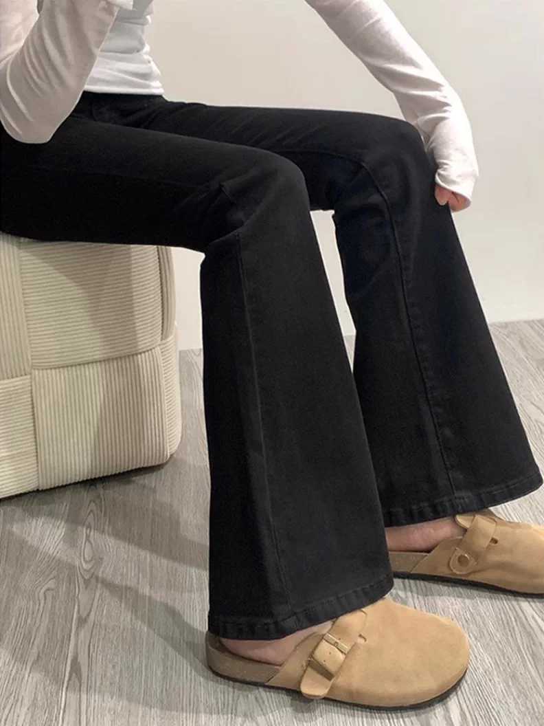 Quần jean ống loe dày lót lông cừu dành cho nữ, phong cách thu đông, cỡ lớn, lưng cao, giảm béo, che hông, quần ống chuông co giãn.