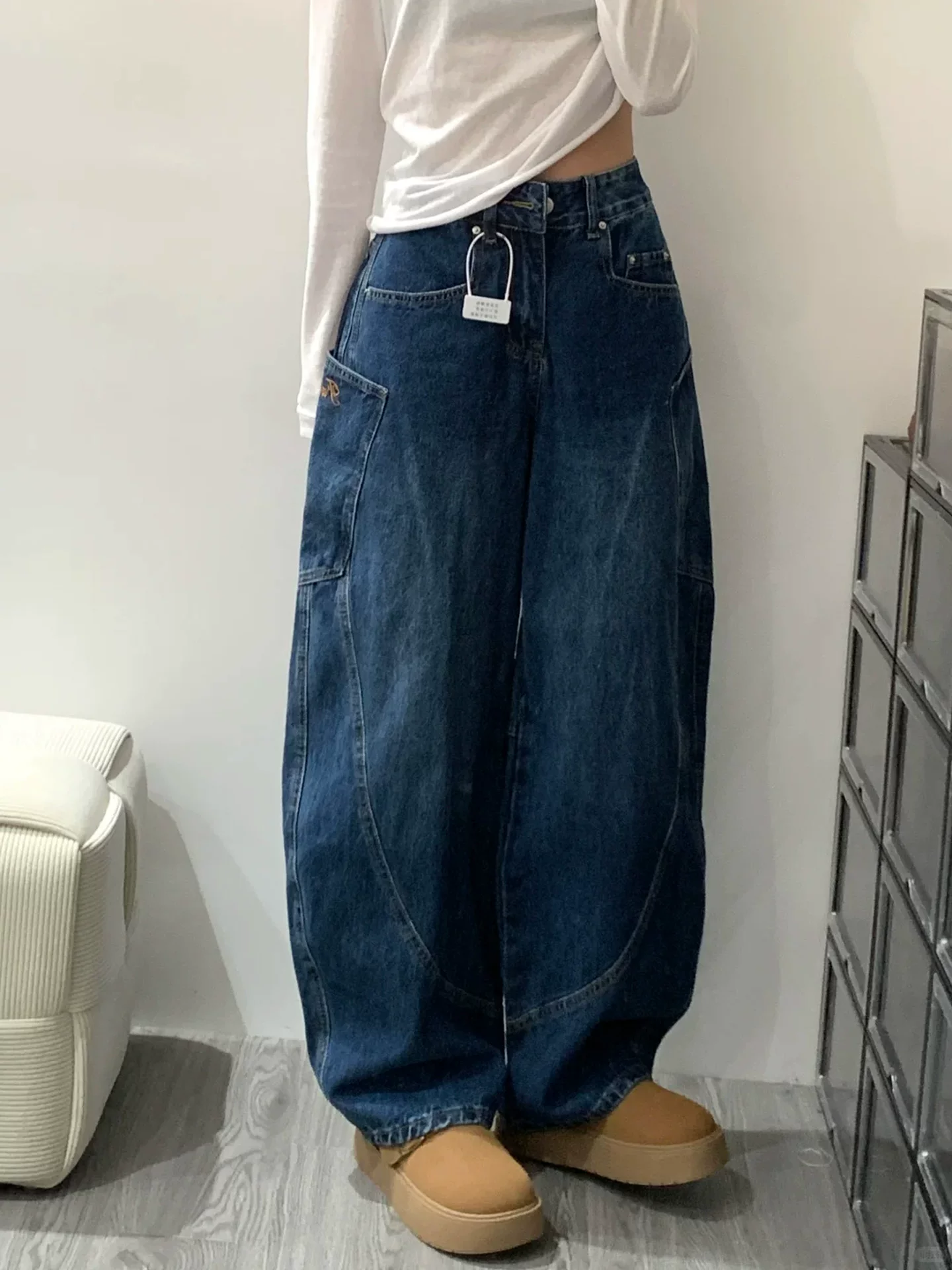 Quần jeans kiểu Mỹ cổ điển mùa thu 2025, size lớn, cạp cao, dáng rộng, tôn dáng, ống rộng