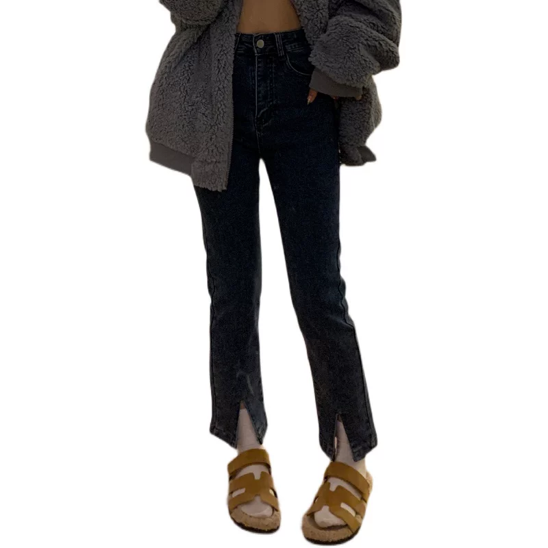 Quần jean xẻ tà màu đen dành cho nữ, mặc đầu thu, cỡ lớn, dáng rộng, tôn dáng, co giãn, nhỏ nhắn, quần thuốc lá ngắn.