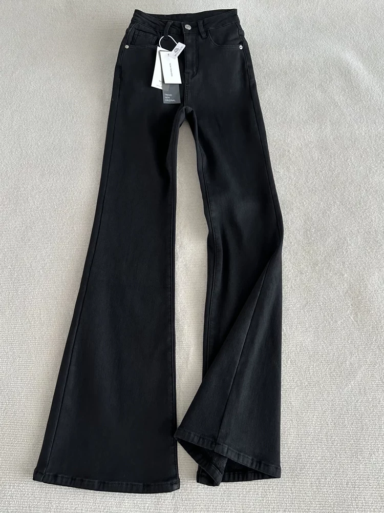 Quần jean ống loe dày lót lông cừu màu đen dành cho nữ, mùa thu đông, cỡ lớn, lưng cao, che hông, giảm béo, quần ống loe co giãn.