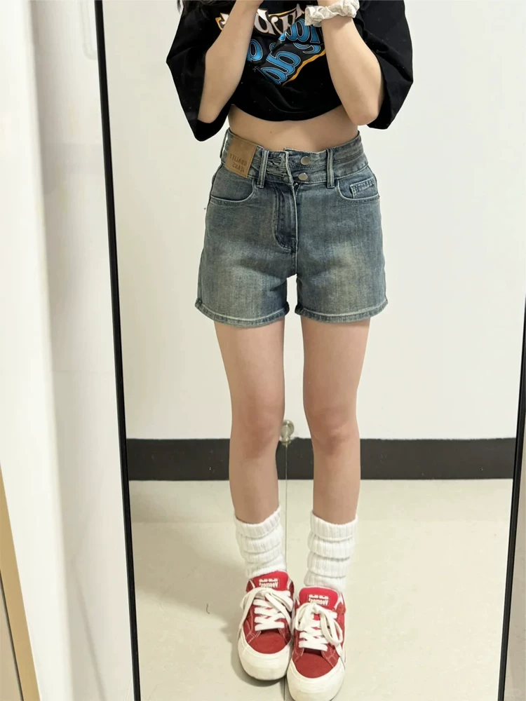 Quần short denim nữ cho mùa hè, cỡ lớn, lưng cao, co giãn, che hông, giảm béo, dáng quả lê, quần ống rộng chữ A