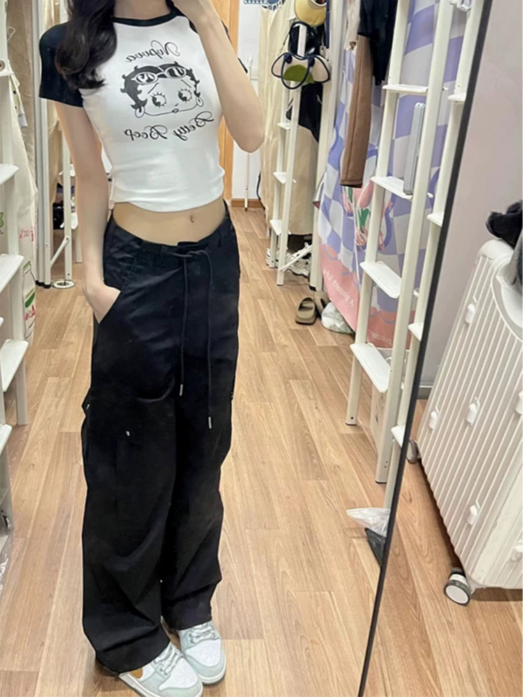 Quần cargo đen dáng quả lê dành cho nữ, kiểu dáng mỏng mùa hè, cỡ lớn, lưng cao, ống thẳng, dáng rộng, tôn dáng, quần ống rộng thường ngày.