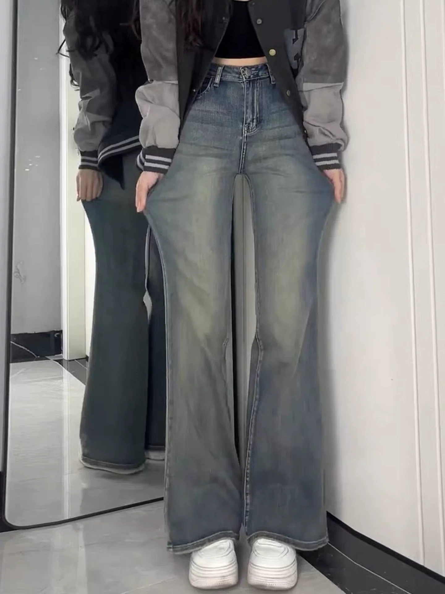 Quần jean ống đứng co giãn lưng cao dành cho nữ, phong cách đầu thu, cỡ lớn, dáng quả lê, che hông, quần ống loe thon gọn