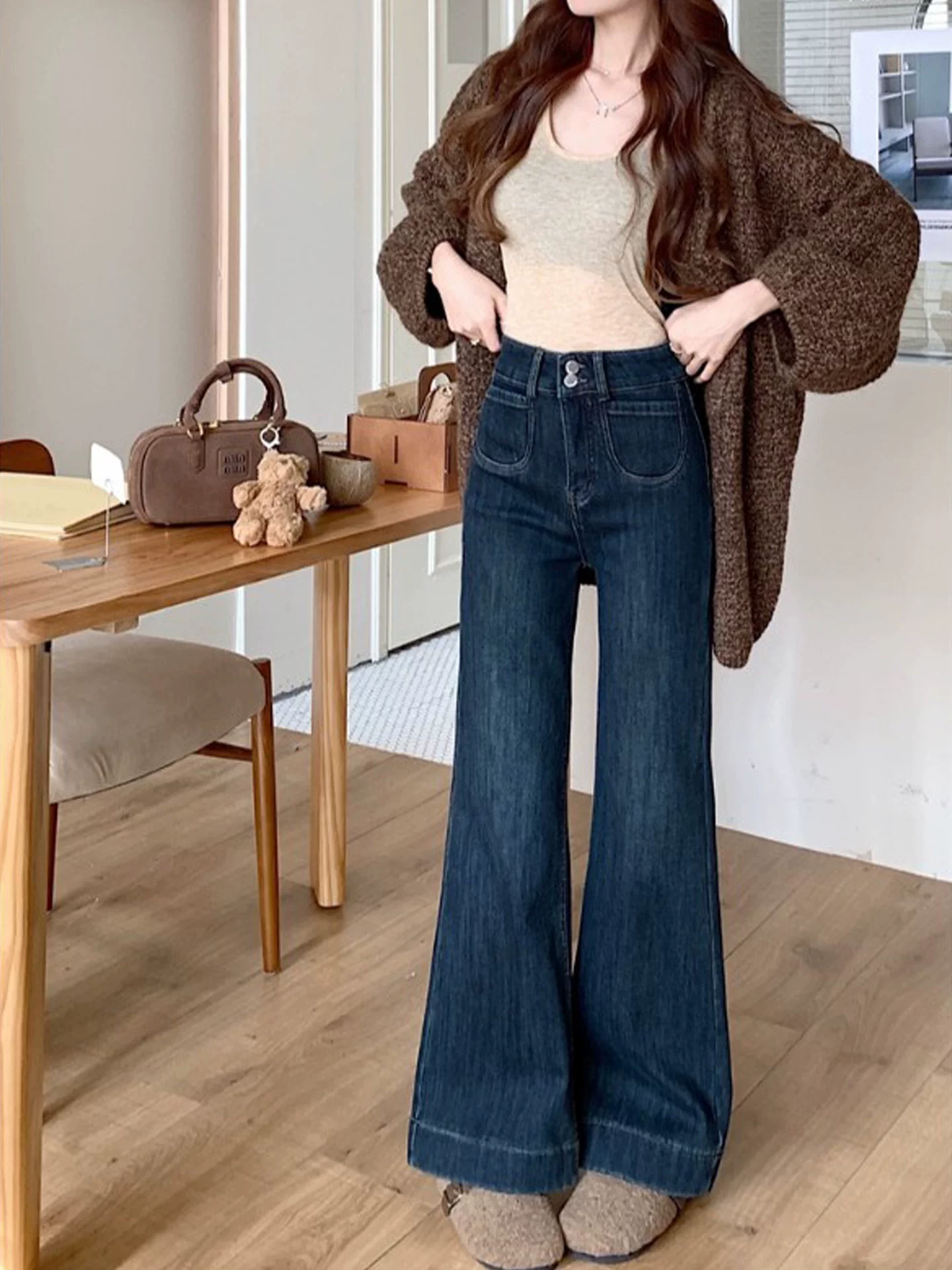 Quần jean ống loe dày lót lông cừu cổ điển dành cho nữ, mùa thu đông, cỡ lớn, lưng cao, co giãn, che hông, giảm béo, quần ống chuông