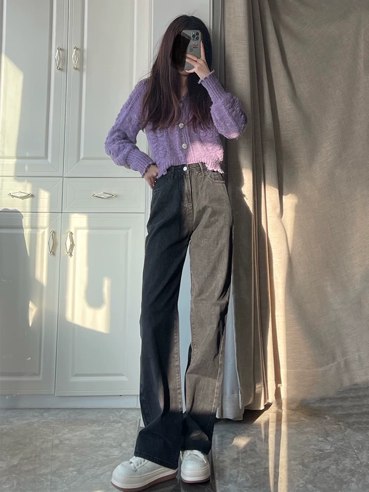 Quần jean ống đứng lưng cao dành cho nữ, kiểu dáng thu đông mới, dáng rộng, tôn dáng, cỡ lớn, dáng quả lê, hơi mũm mĩm, quần ống rộng dài chấm đất.