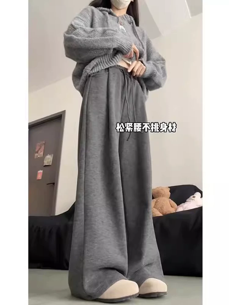 Quần dài màu xám đậm chất liệu gạo nếp dành cho nữ, thu đông 2024, size lớn, lót lông cừu dày, cạp cao, che hông, dáng suôn, tôn dáng, quần ống rộng mặc thường ngày