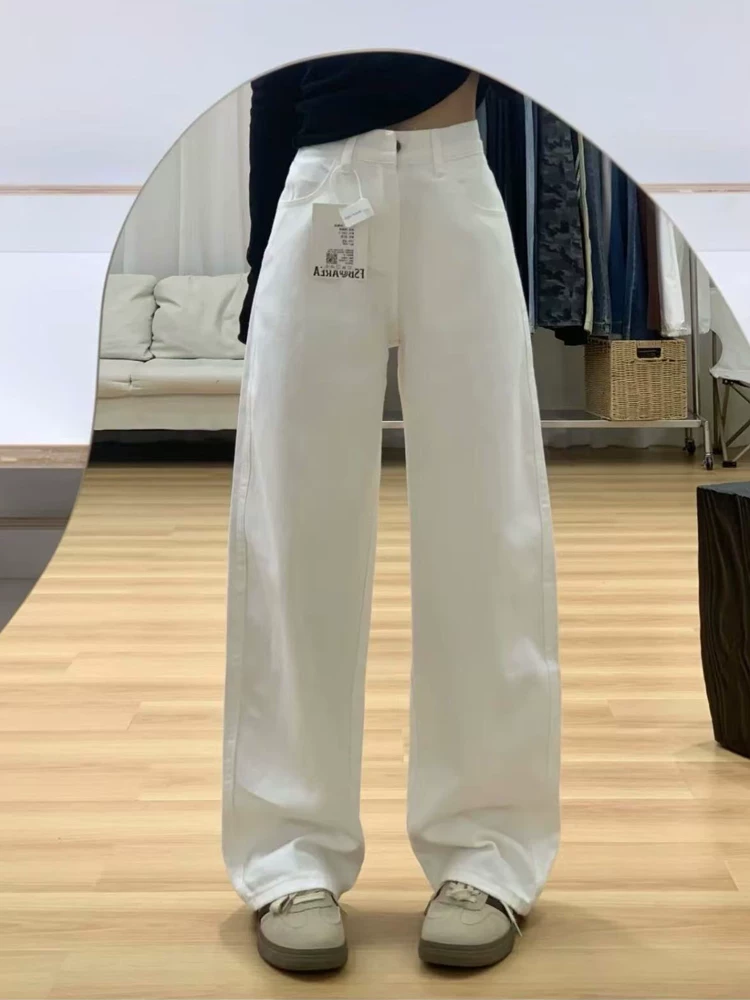 Quần jean trắng ống đứng dành cho nữ, size lớn, cạp cao, dáng rộng, tôn dáng, lót lông cừu, dày dặn, quần ống rộng dành cho người có thân hình quả lê.