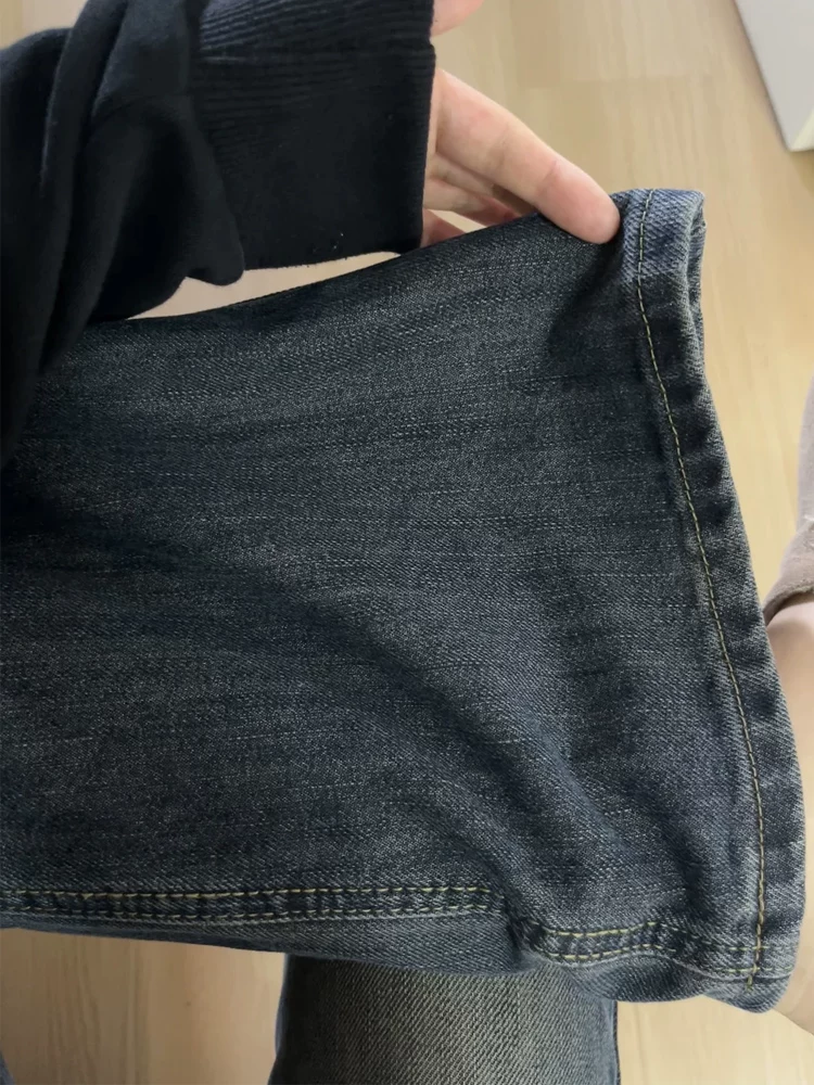 Quần jean ống rộng màu xám xanh dành cho nữ, kiểu dáng mùa thu mới, cỡ lớn, lưng cao, dáng rộng, tôn dáng, quần jean dài chấm đất.