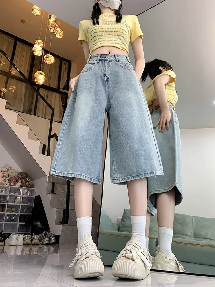 Quần short denim ống rộng, màu sáng, kiểu retro dành cho nữ, mùa hè 2025, size lớn, cạp cao, dáng rộng, tôn dáng, quần ống thẳng.