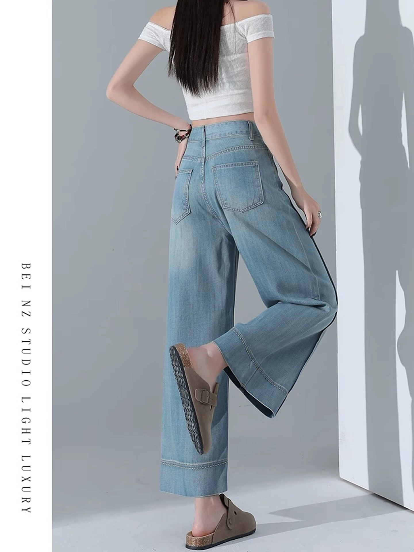 Quần jean Tencel màu xanh nhạt dành cho nữ, kiểu dáng mỏng mùa hè, cỡ lớn, lưng cao, giảm béo, nhỏ nhắn, quần ống rộng bằng lụa băng.