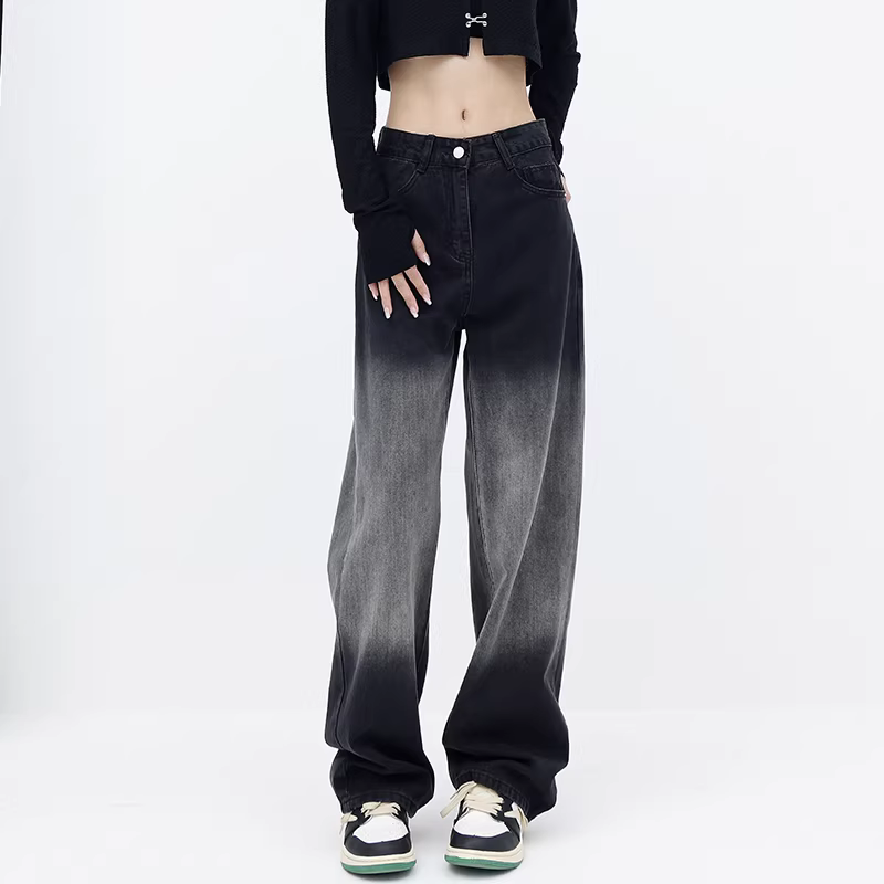 Quần jean ống đứng màu gradient hình quả lê dành cho nữ, cỡ lớn, lưng cao, dáng rộng, thon gọn, ống rộng, quần dài đến sàn