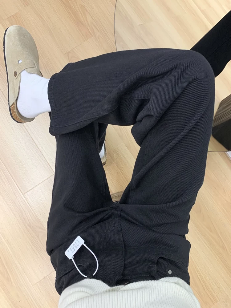 Quần jean ống rộng màu đen dành cho nữ, phong cách mới đầu xuân, cỡ lớn, lưng cao, dáng rộng, giảm béo, dáng quả lê, quần ống thẳng