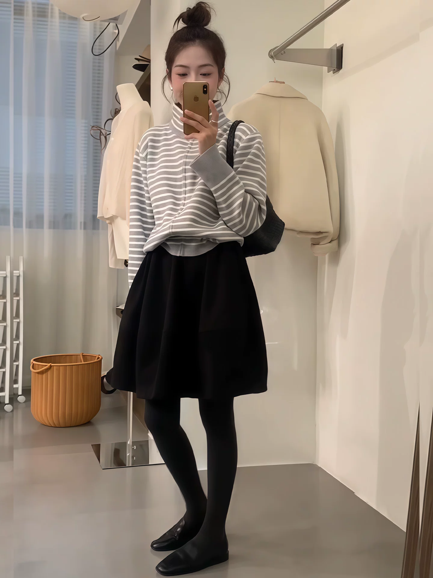 Váy len màu xám dành cho nữ, mùa thu đông, cỡ lớn, lưng cao, váy chữ A dáng ôm, váy ngắn dáng bồng hoa nụ năm cánh.