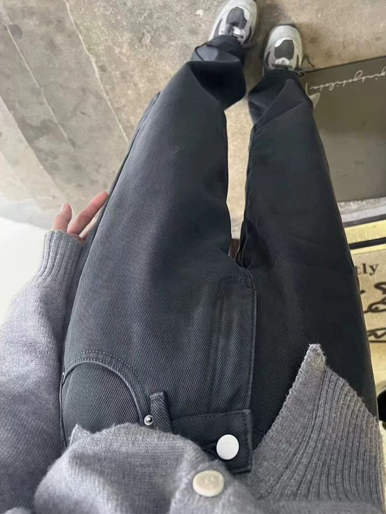 Quần jean ống đứng màu đen và xám dành cho nữ, cỡ lớn, mùa thu đông, lót lông cừu, dày dặn, cạp cao, rộng rãi, tôn dáng, ống rộng, dài chạm sàn.