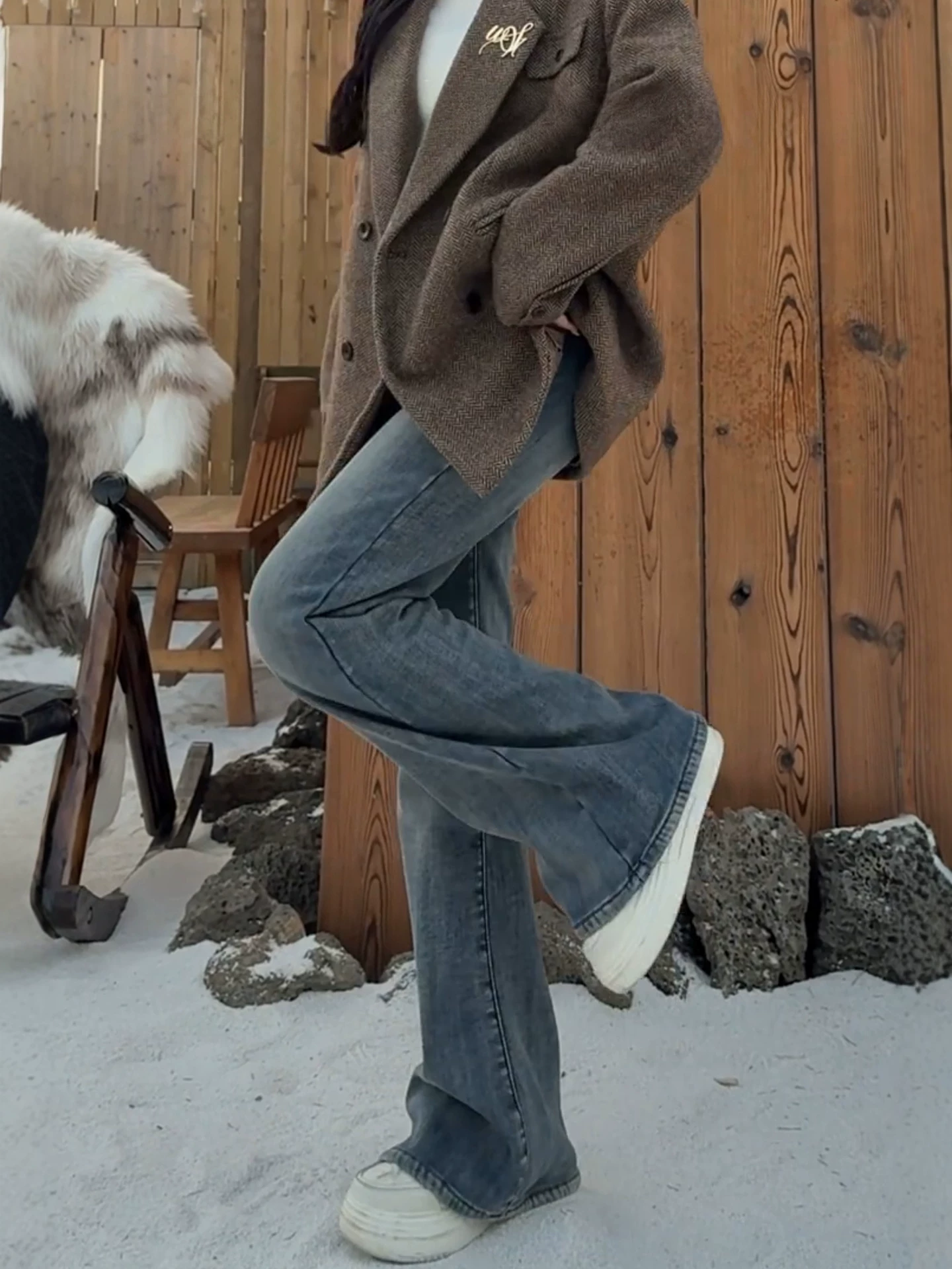 Quần jean nữ ống loe cạp cao cổ điển, thu đông, size lớn, lót lông cừu, dày dặn, tôn dáng, che hông, quần dài ống loe