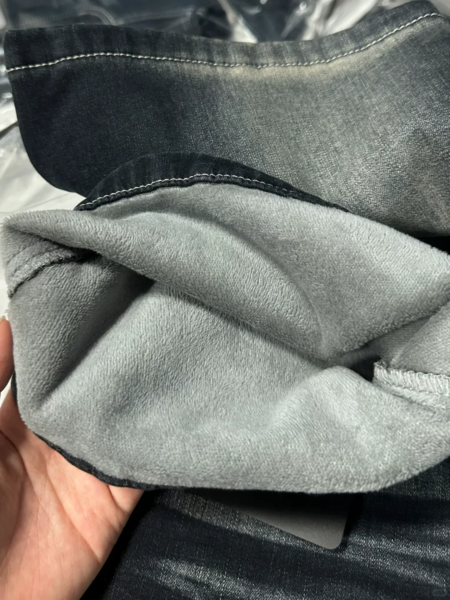 Quần jean ống loe màu xanh xám cổ điển của Mỹ dành cho nữ, mùa thu đông, cỡ lớn, cạp cao, co giãn, che hông, quần ống loe lót lông cừu