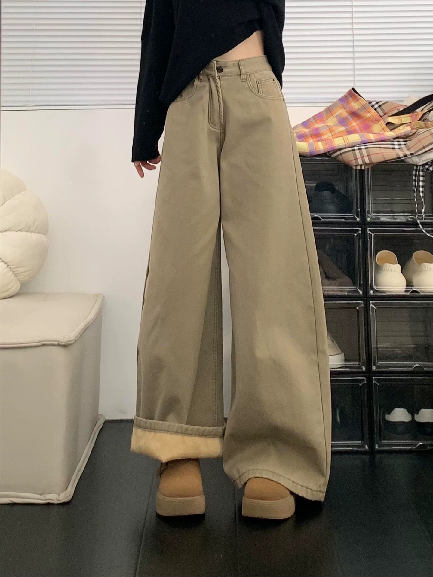 Quần jean ống rộng kiểu Mỹ dành cho nữ, mùa thu đông, cỡ lớn, lót lông cừu, dày dặn, lưng cao, dáng rộng, giảm béo, quần ống đứng màu kaki