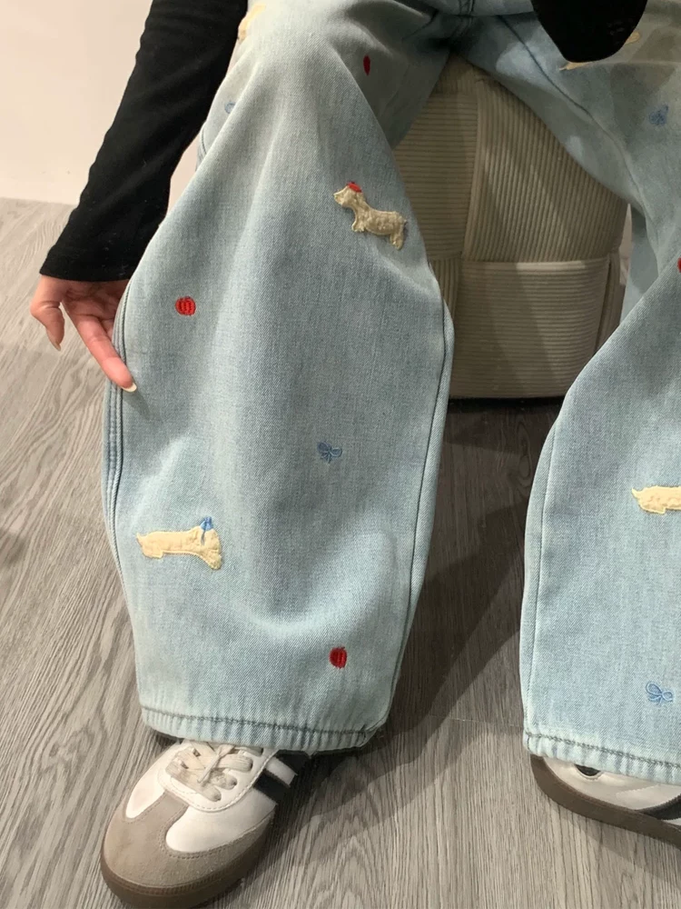 Quần jean ống đứng thêu hình chó dachshund dành cho nữ, phong cách thu đông, cỡ lớn, lưng cao, dáng rộng, dáng suông, quần ống rộng lót lông cừu