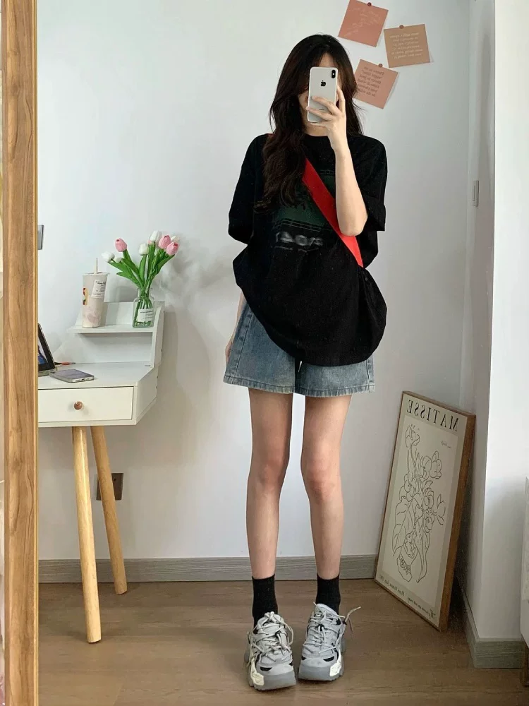 Quần short denim dáng quả lê dành cho nữ, cạp cao mùa hè, tôn dáng, che hông, size lớn, quần short dáng chữ A rộng ống rộng năm phần.