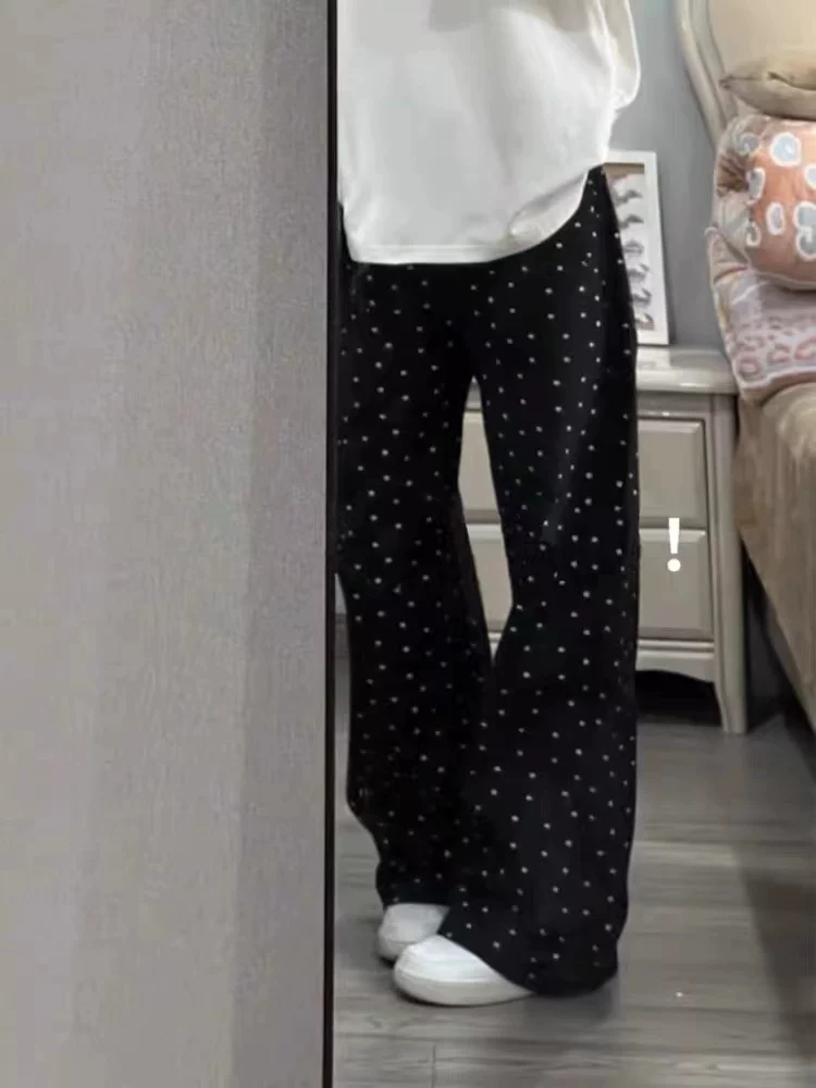 Quần jean ống đứng chấm bi phong cách Hàn Quốc dành cho nữ, phong cách đầu xuân, cỡ lớn, lưng cao, dáng rộng, giảm béo, dáng quả lê, quần ống rộng