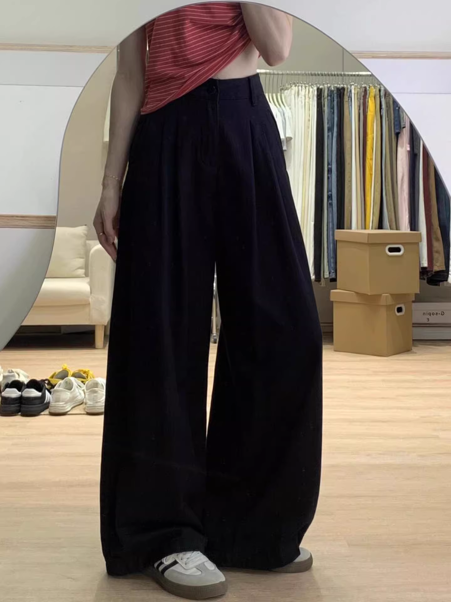 Quần jeans đen chất liệu dày dặn dành cho nữ mùa hè 2025, size lớn, cạp cao, dáng rộng, chất liệu vải lanh, tôn dáng, ống rộng