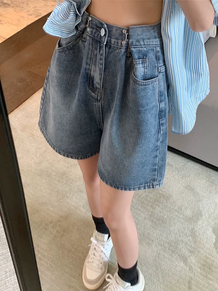 Quần short denim ống rộng dành cho nữ cỡ lớn dành cho mùa hè, kiểu dáng mỏng, dáng quả lê, cỡ lớn, lưng cao, quần ngắn chữ A năm điểm giúp thon gọn.