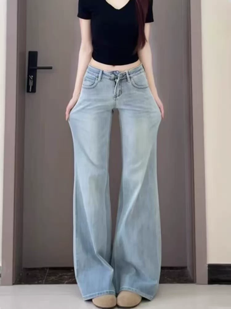 Quần ống loe Tencel dành cho nữ, kiểu dáng mỏng mùa hè, cỡ lớn, lưng cao, mềm mại, tôn dáng, không bó sát, quần dài denim lụa băng