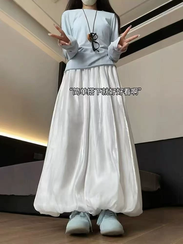 Váy lửng satin trắng cho nữ, size lớn mùa hè, cạp cao, dáng rộng, tôn dáng, dành cho người có thân hình quả lê, quần kiểu đèn lồng, mặc thường ngày