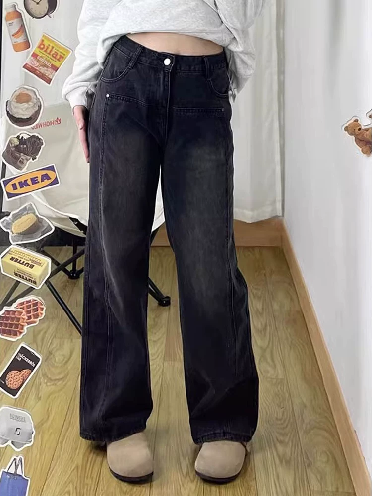 Quần jean ống đứng màu đen và xám dành cho nữ, cỡ lớn, mùa thu đông, lót lông cừu, dày dặn, sành điệu, cạp cao, giảm béo, quần ống rộng.