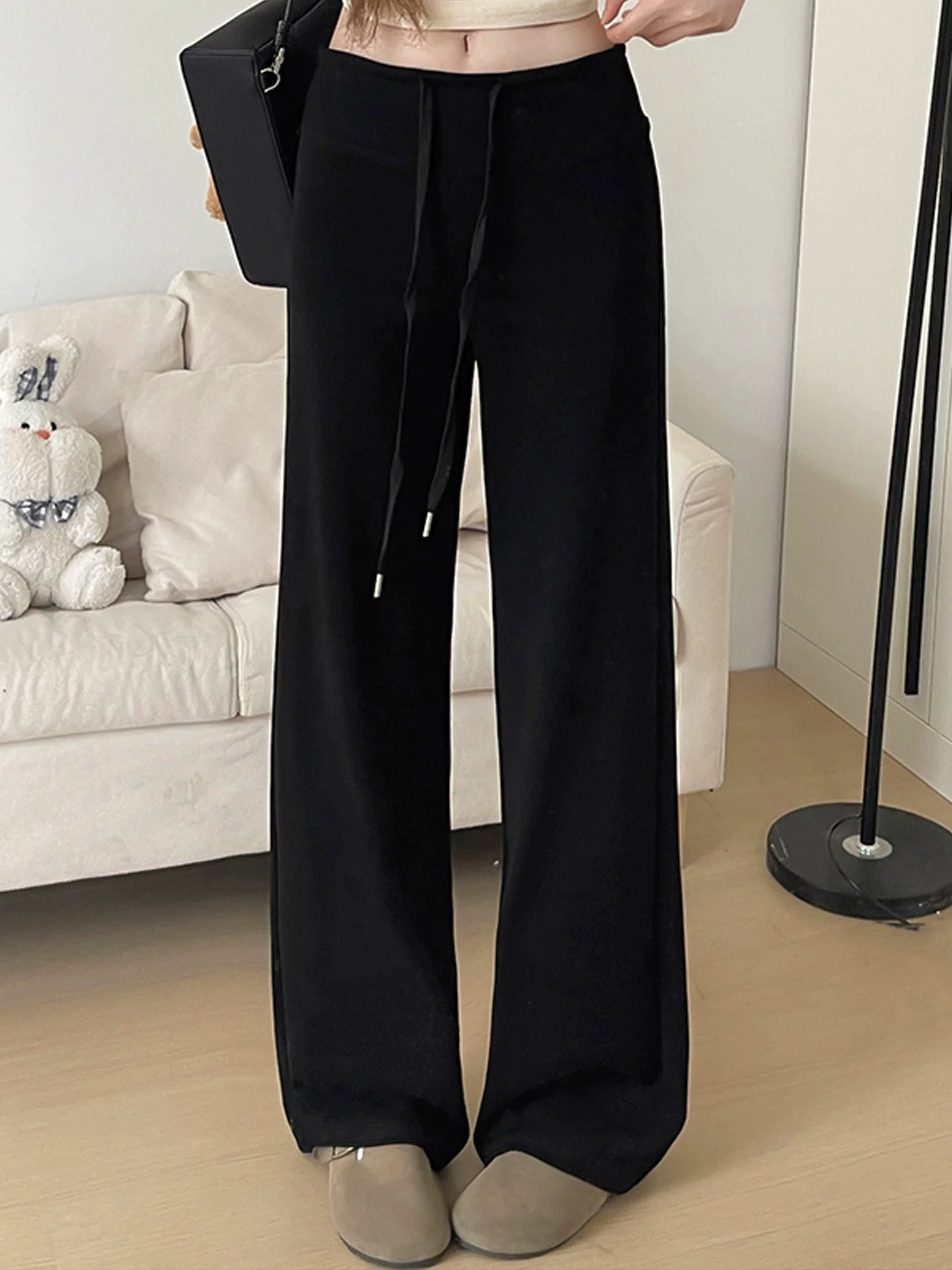 Quần thể thao ống đứng màu đen dành cho nữ, mùa thu 2005, cỡ lớn, lưng cao, tôn dáng, ôm dáng, kiểu dáng rộng, quần jogger dáng rộng thường ngày