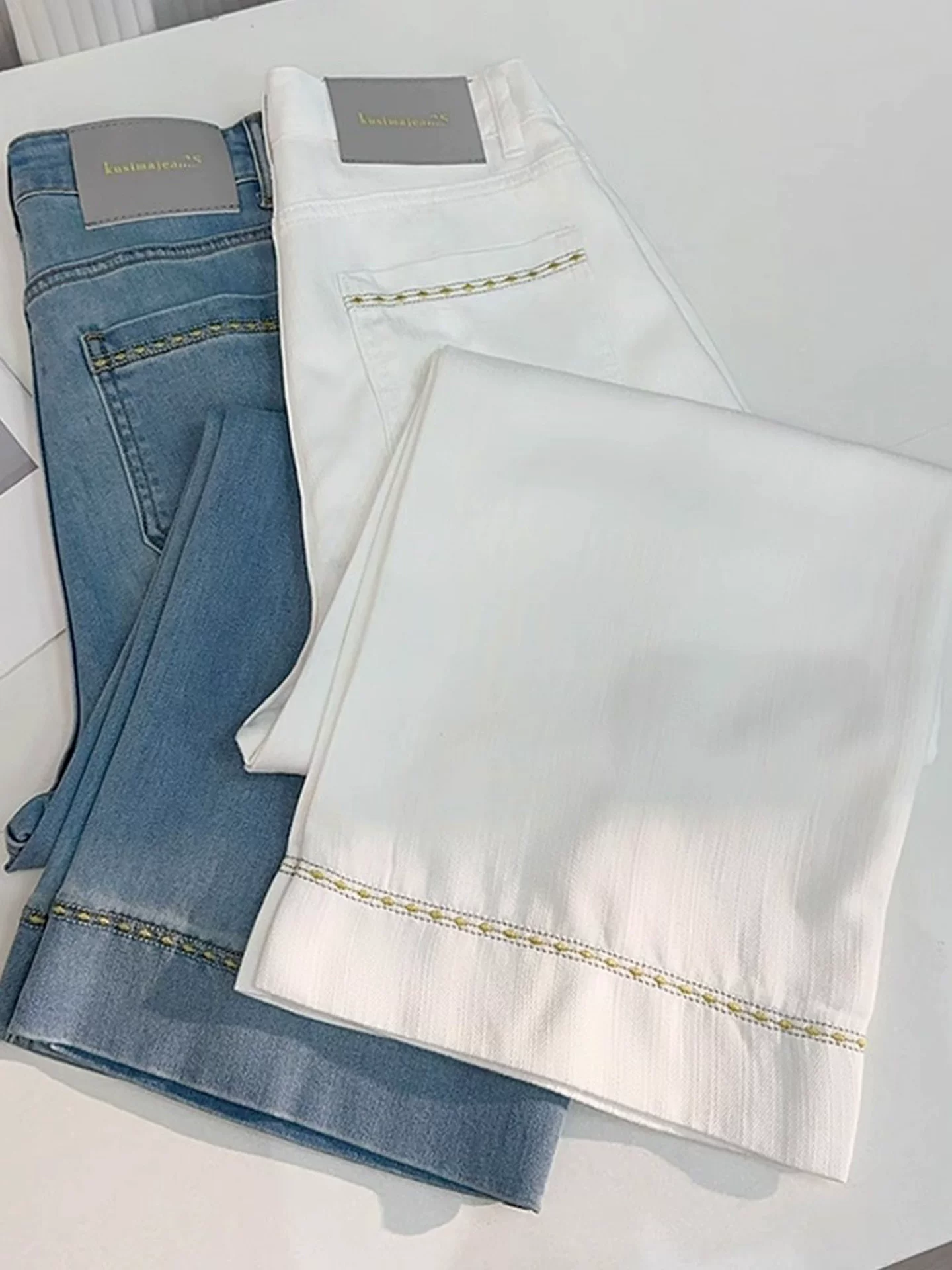 Quần jean ống rộng Tencel màu trắng dành cho nữ, kiểu dáng mỏng mùa hè, cỡ lớn, lưng cao, mềm mại, tôn dáng, chất liệu lụa đá, quần ống đứng ngắn.