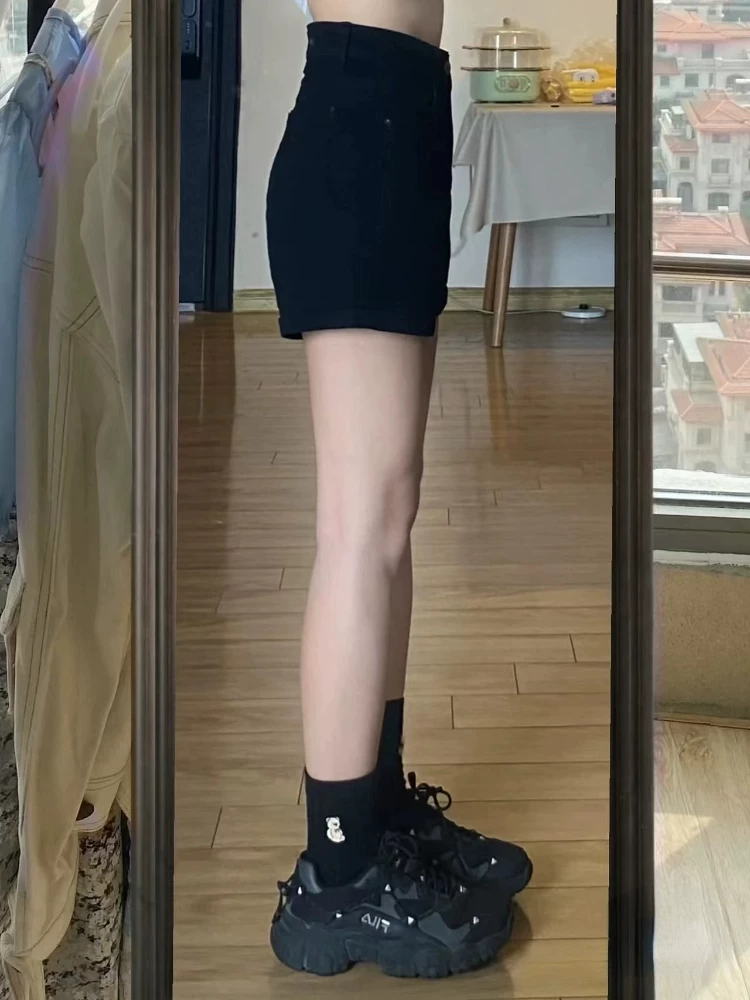 Kiểu dáng hình quả lê, quần short denim đen dành cho nữ, size lớn mùa hè, lưng cao, co giãn, tôn dáng, quần ống rộng dáng chữ A.