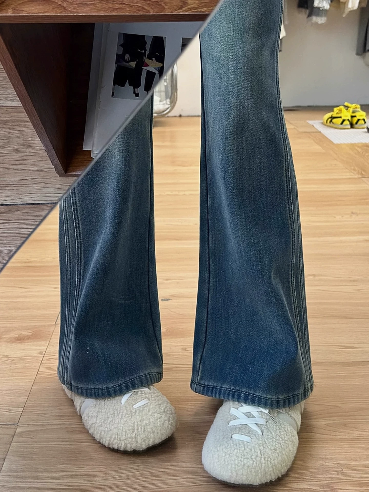 Quần jean ống đứng màu xanh cổ điển dành cho nữ, mùa thu đông, cỡ lớn, lưng cao, dáng rộng, thon gọn, dáng quả lê, quần ống rộng lót lông cừu