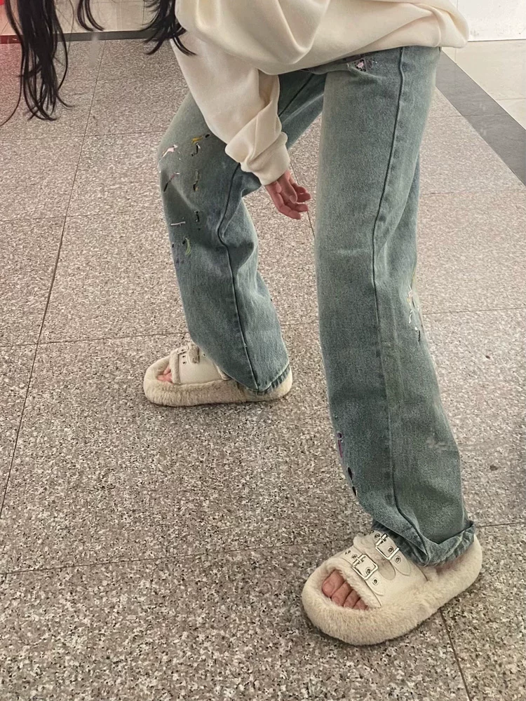 Quần jean ống thẳng thêu hình quả lê dành cho nữ, cỡ lớn, mặc đầu thu, lưng cao, dáng rộng, che hông, quần ống rộng giảm béo