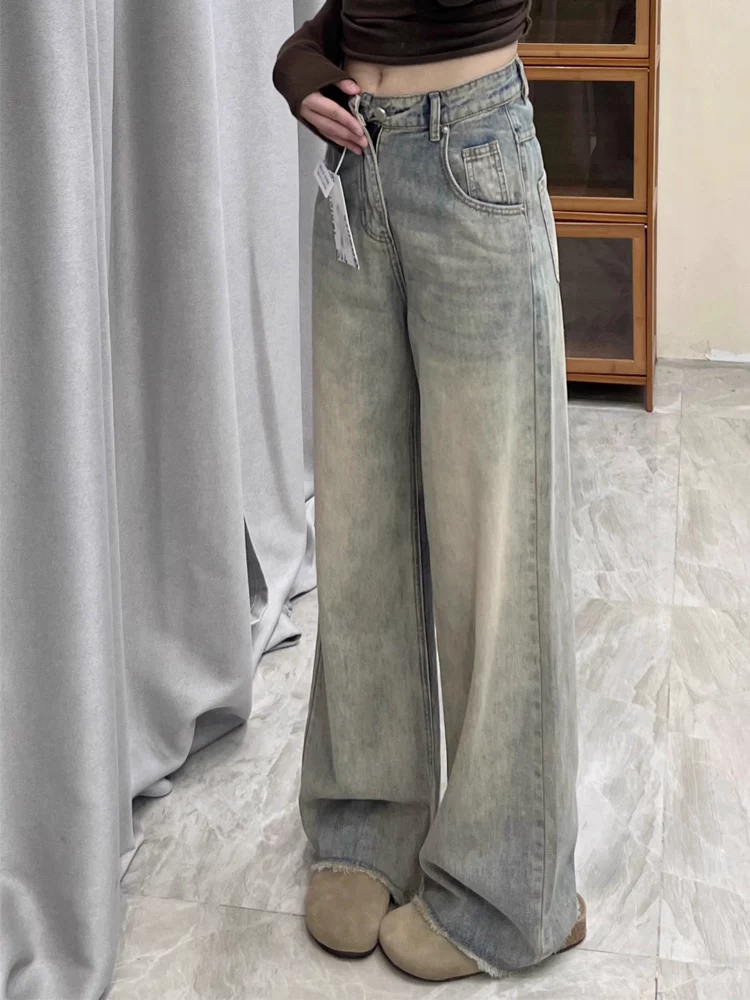 Quần jean ống thẳng màu xanh cổ điển dành cho nữ, phong cách mùa thu mới, cỡ lớn, lưng cao, dáng rộng, dáng suông, quần dài đến sàn.