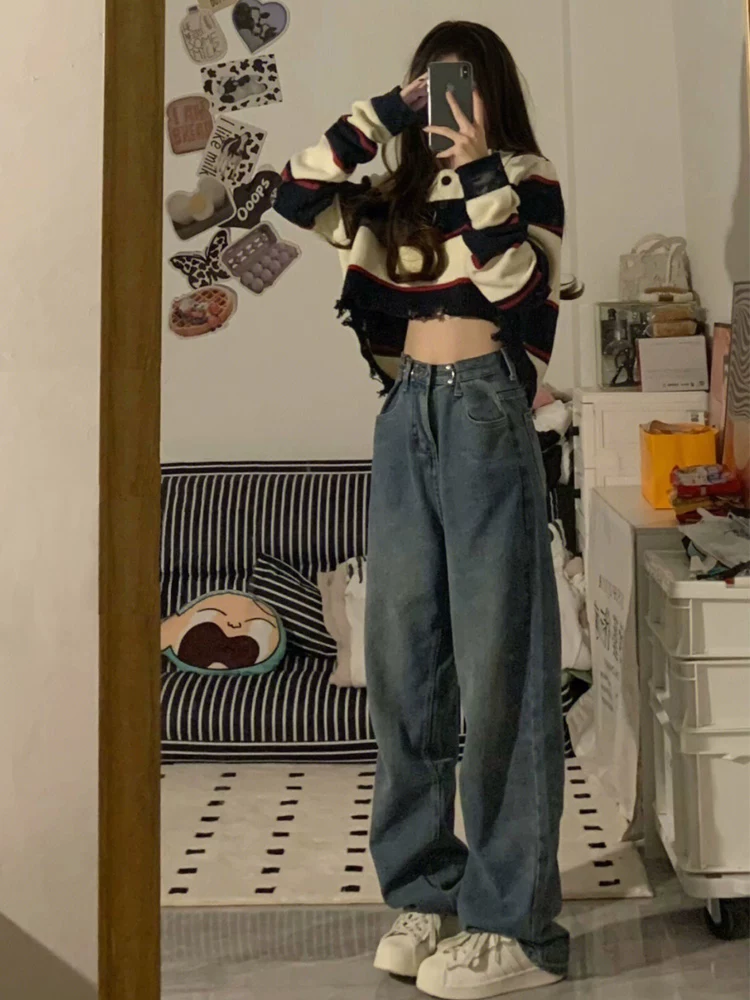 Quần jean ống thẳng dáng quả lê dành cho nữ, phong cách đầu thu, cỡ lớn, lưng cao, dáng rộng, che hông, giảm béo, ống rộng, quần dài chạm sàn