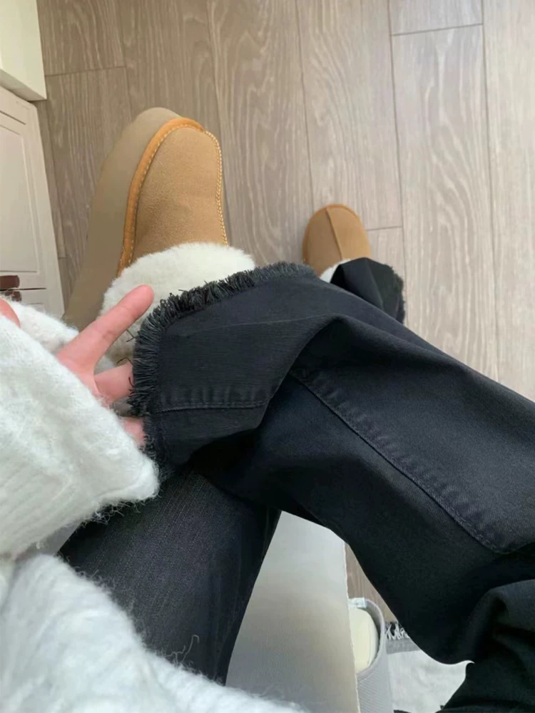 Quần jean ống đứng xòe có lớp lót lông cừu và tua rua dành cho nữ, cỡ lớn mùa đông, quần ống loe co giãn cạp cao tôn dáng mùa xuân