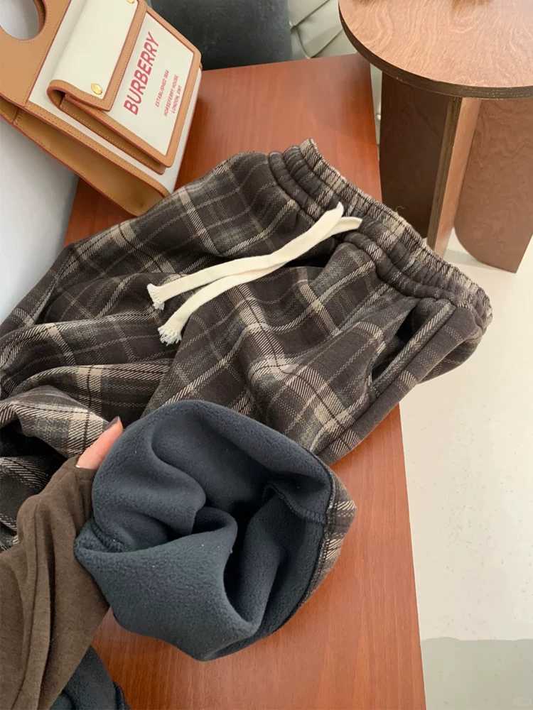 Quần âu kẻ sọc len cổ điển dành cho nữ, mùa thu đông, cỡ lớn, lót lông cừu, cạp cao, dáng suôn, che hông, giảm béo, quần ống rộng.