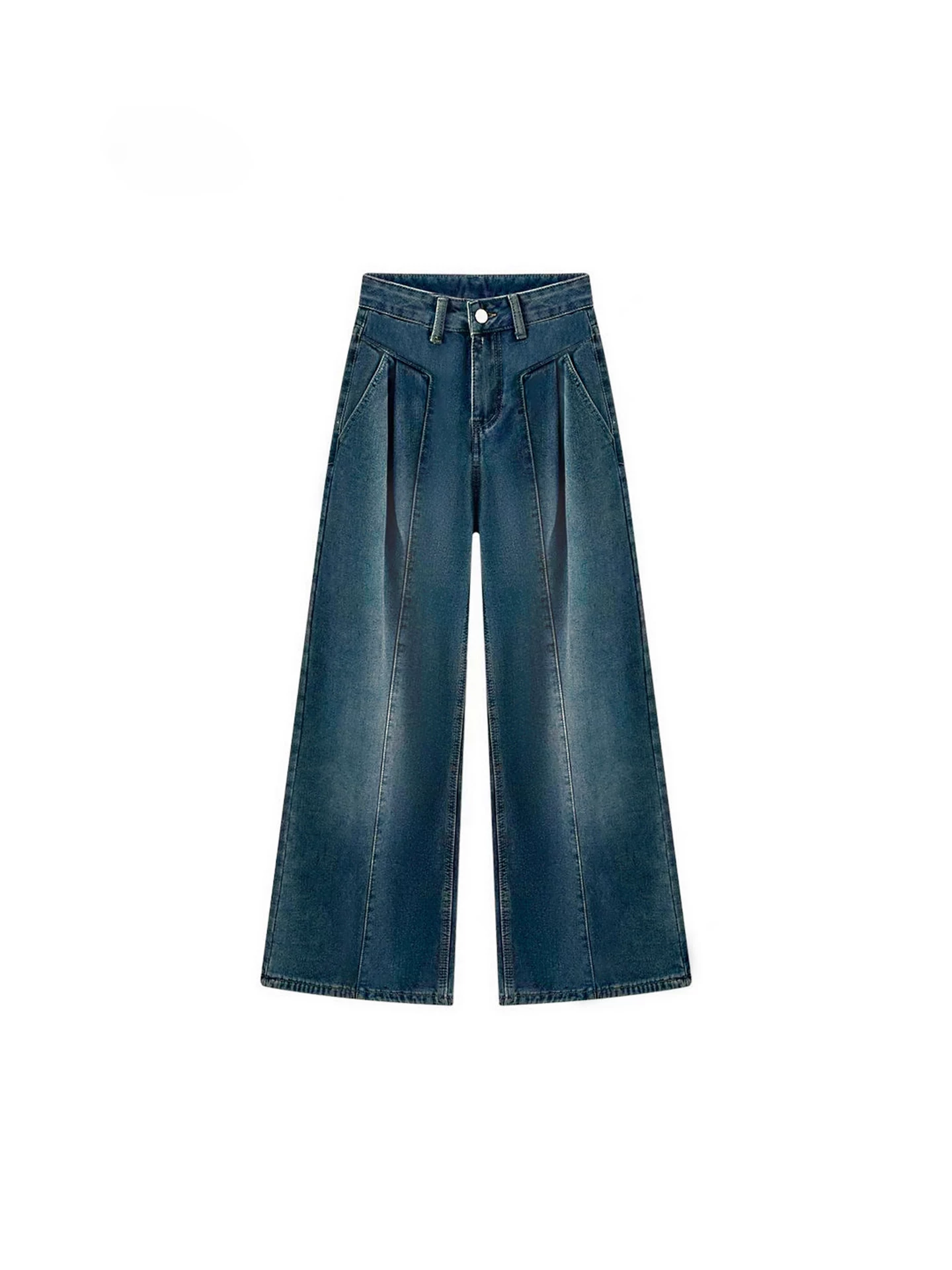 Quần jean ống rộng màu xanh cổ điển dành cho nữ, mùa thu đông, lót lông cừu, cỡ lớn, dáng quả lê, lưng cao, dáng rộng, dáng thon gọn, quần dài đến sàn