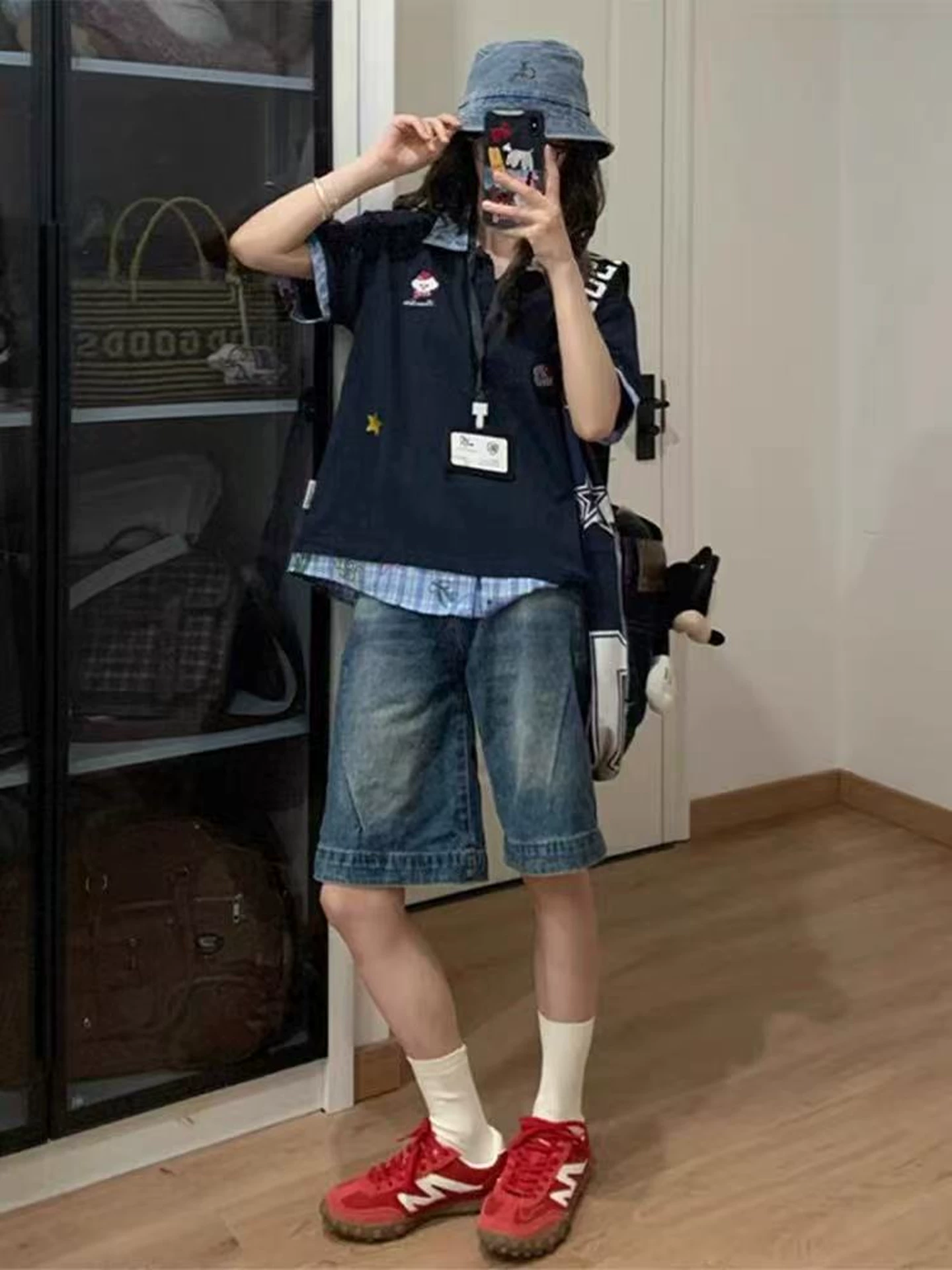 Quần short denim nữ, kiểu dáng mỏng mùa hè, cỡ lớn, lưng cao, dáng rộng, tôn dáng, quần short dài vừa phải ống rộng kiểu cổ điển.