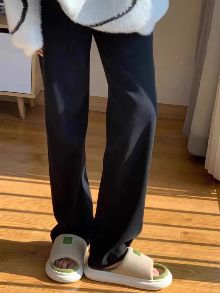 Quần jean ống thẳng màu đen và xám cỡ lớn dành cho nữ, mùa thu đông, lót lông cừu, dày dặn, cạp cao, dáng rộng, tôn dáng, ống rộng, quần dài chạm sàn.