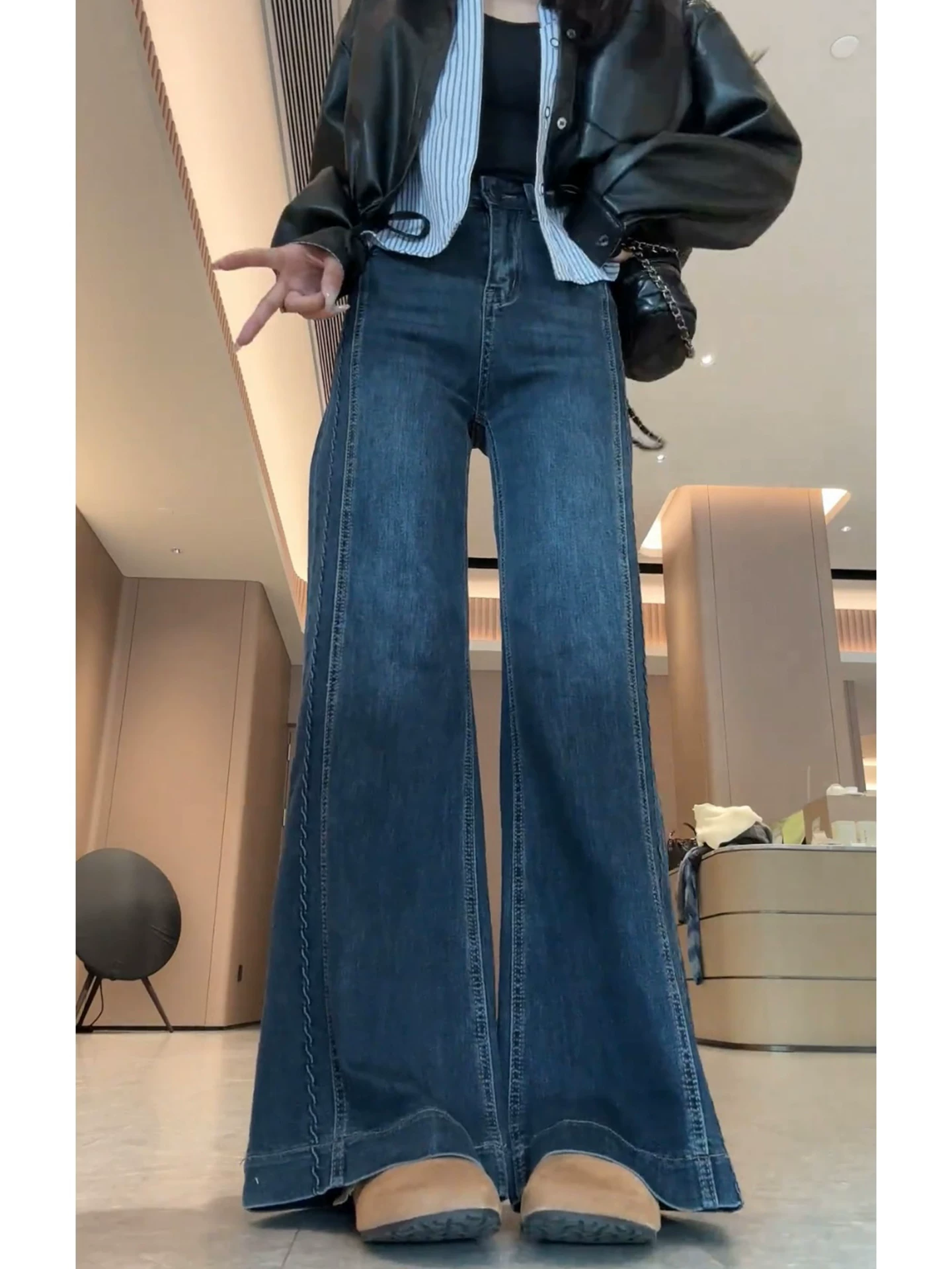 Quần jean ống đứng loe dành cho nữ, mùa thu đông, lót lông cừu, dày, cỡ lớn, lưng cao, giảm béo, dáng rộng, không bó sát, quần ống chuông