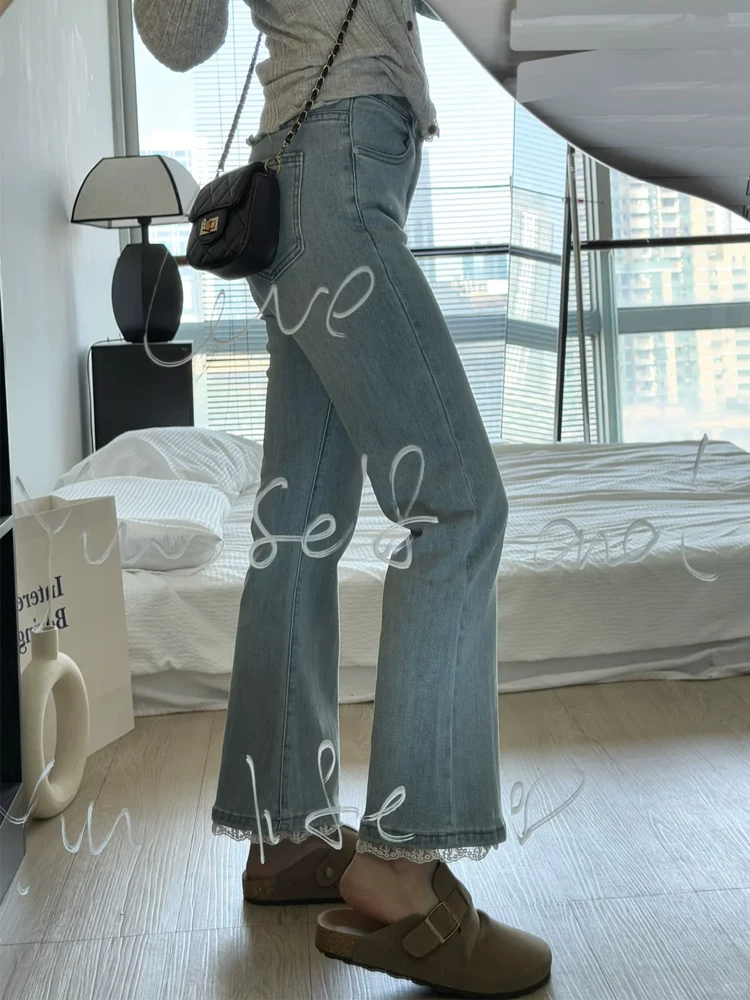 Quần jean xòe phối ren cổ điển dành cho nữ, phong cách xuân hè, cỡ lớn, eo cao, co giãn, tạo dáng thon gọn, quần xòe chín phần