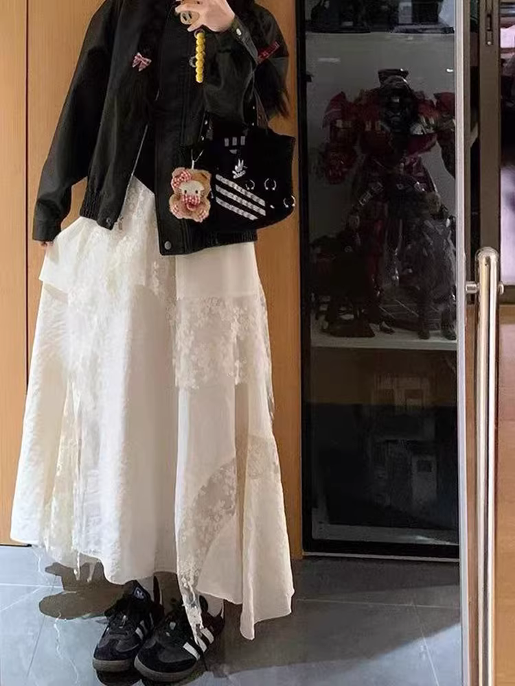 Váy ren nữ hè 2025 kiểu mới, size lớn, cạp cao, che hông, tôn dáng, dáng chữ A bất đối xứng, nhiều tầng